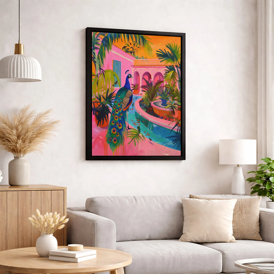 Vibrant Peacock Canvas Wall Art | Tropical Pink Villa Courtyard Print | Premium 1.25 Inch Gallery Wrap | Maximalist Home Decor Gift