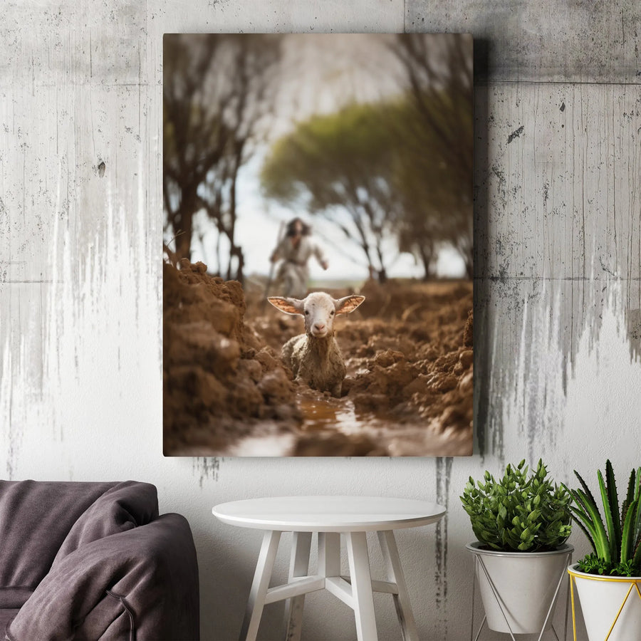 Jesus The Good Shepherd Wall Art | Lost Lamb Rescued from Mud Portrait | Premium Gallery Wrap Canvas | Christian Home Decor Gift for Believers