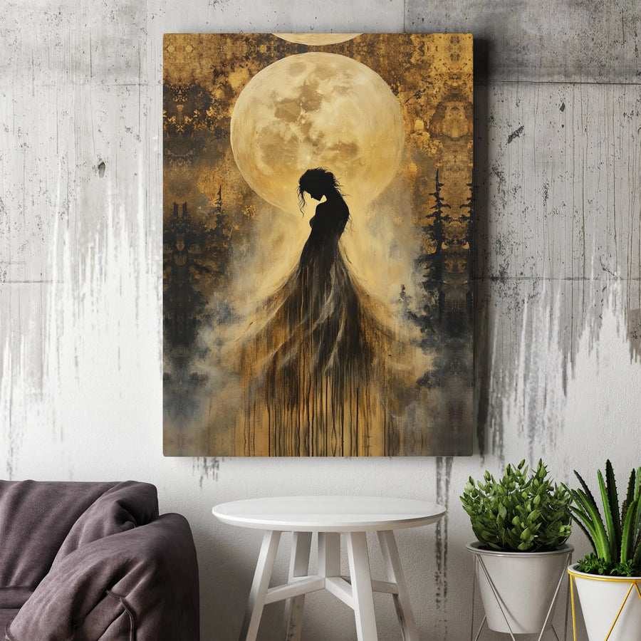 Gothic Woman Canvas Wall Art | Abstract Moon Silhouette Painting | Premium Thick Gallery Wrap | Moody Home Decor Collector's Gift