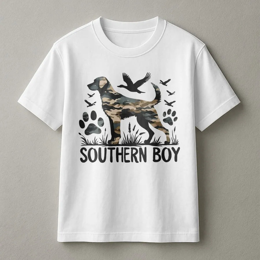 Southern Boy Dog Hunting T-Shirt | Camo Retriever Graphic | 100% Cotton Premium Tee | Gift for Hunter & Outdoorsman