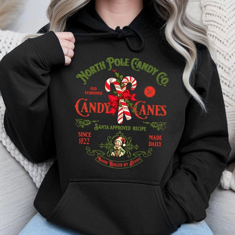 Retro Candy Cane Hoodie | North Pole Christmas Sweatshirt | Premium Cotton Blend Pullover | Festive Holiday Gift for Family and Friends