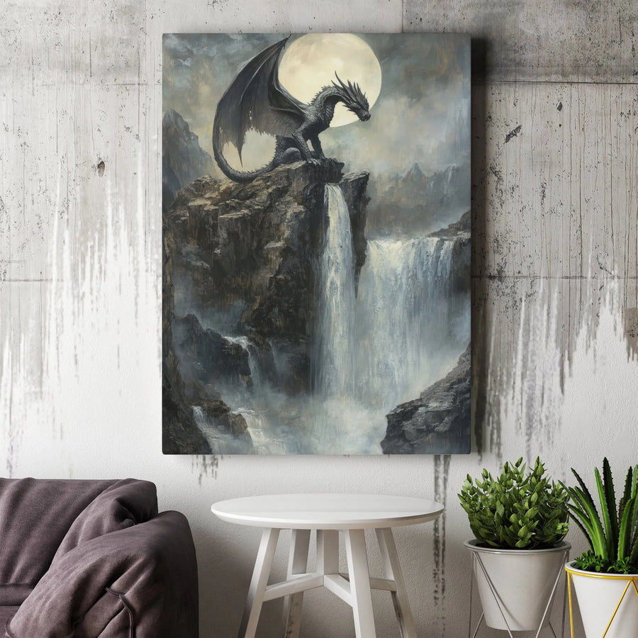 Dragon Wall Art Canvas | Moody Fantasy Landscape with Waterfall and Full Moon | Premium 1.25 inch Gallery Wrap | Gift for Fantasy Lovers