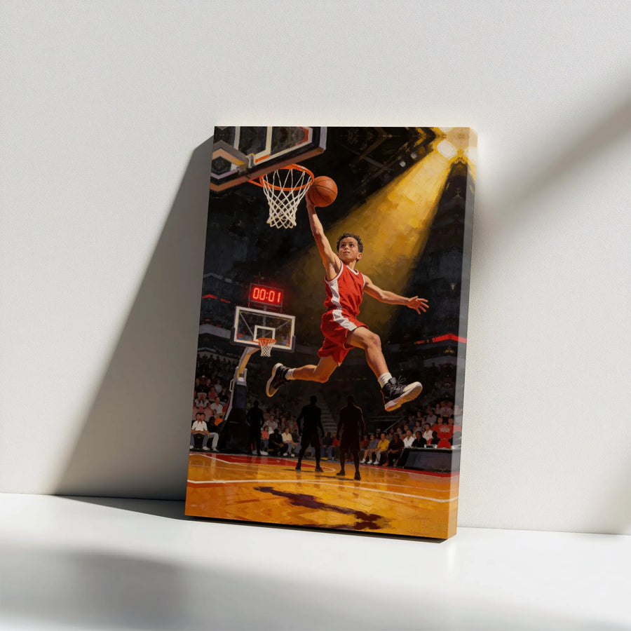 Basketball Player Canvas Wall Art | Buzzer Beater Slam Dunk Painting | Premium Gallery Wrap Canvas | Gift for Athlete & Boys Room Decor