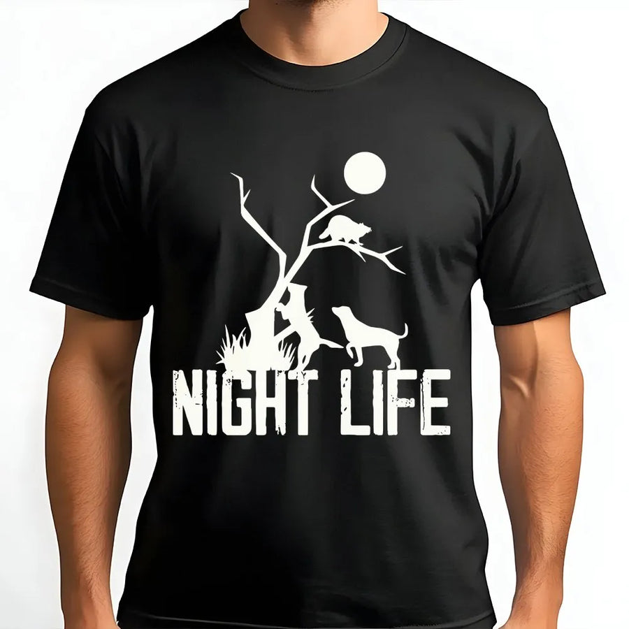 Coon Hunting T-Shirt | Night Life Raccoon Hunter Graphic | Premium 100% Cotton Tee | Gift for Outdoorsman Hunter