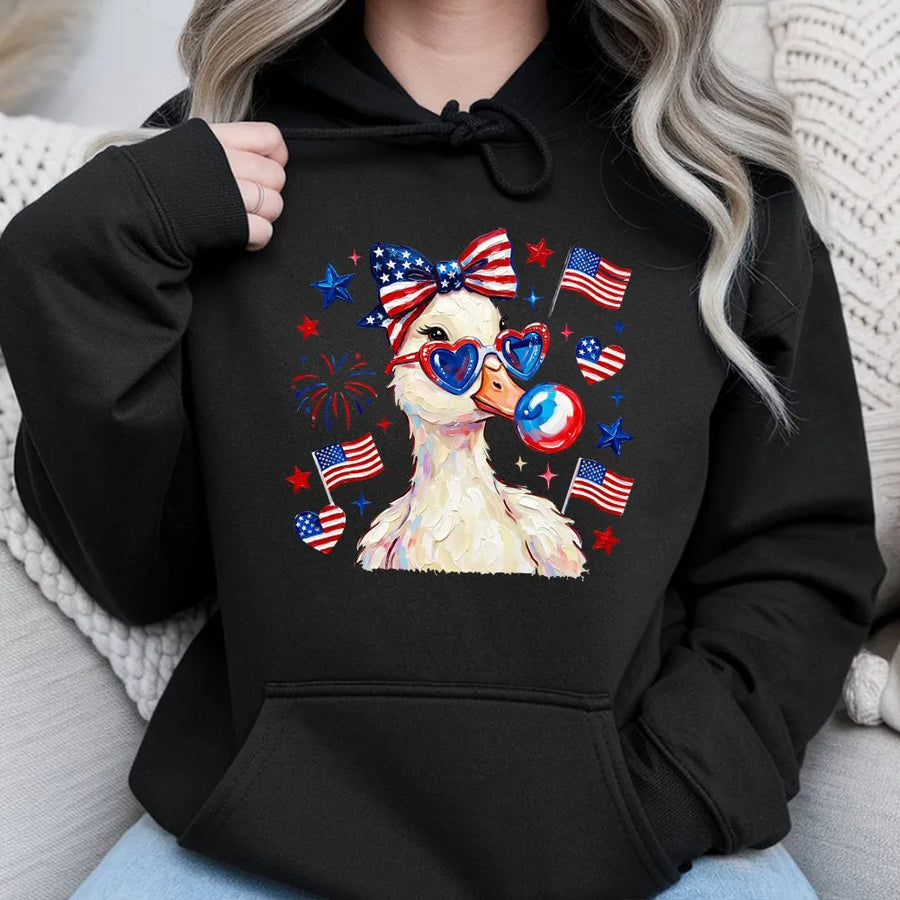 Patriotic Duck Hoodie | Cute Coquette Americana Graphic | Soft Cotton Blend | 4th of July Party Gift for Her