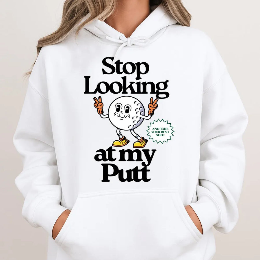 Funny Golf Hoodie | Stop Looking At My Putt Retro Graphic | Premium Cotton Blend Pullover | Humorous Golfer Gift for Dad