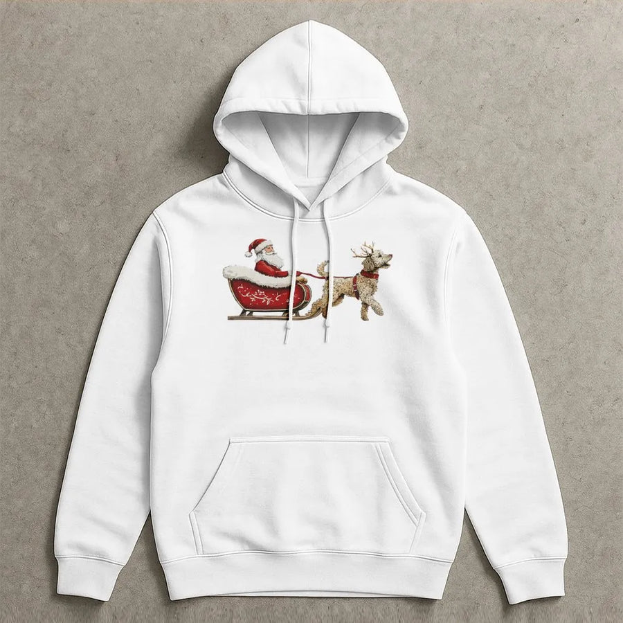 Goldendoodle Christmas Hoodie | Santa Sleigh Graphic Pullover | Premium Cotton Blend Sweatshirt | Gift for Dog Mom & Doodle Lovers
