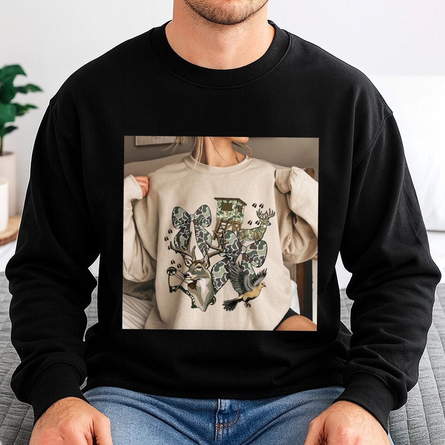 Hunting Season Sweatshirt | Camo Bow Deer Graphic Print | Premium Cotton Blend Unisex Pullover | Gift for Her Hunting Mama Outdoor Enthusiast