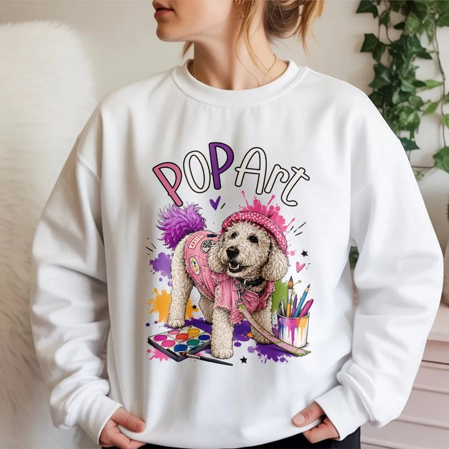 Pop Art Dog Sweatshirt | Colorful Poodle Artist Graphic | Premium Cotton-Blend Sweatshirt | Gift for Dog Mom & Art Lovers