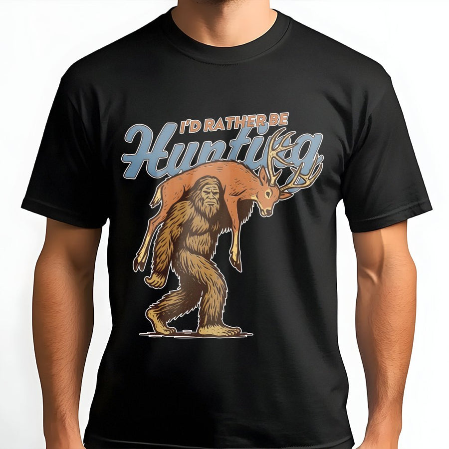 Bigfoot Hunting T-Shirt | Sasquatch Carrying Deer Graphic | Premium Cotton Unisex Tee | Funny Outdoorsman Gift for Hunters