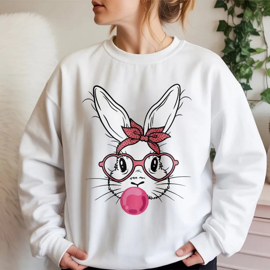 Easter Bunny Sweatshirt | Cute Rabbit With Bubble Gum Graphic | Premium Cotton Blend Crewneck | Fun Spring Holiday Gift For Women And Kids