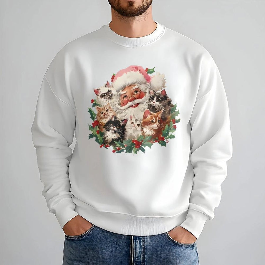 Santa Claus With Cats Christmas Sweatshirt | Cute Kitten Holiday Graphic | Premium Cotton Blend Crewneck | Festive Cat Lover Gift For Women & Men