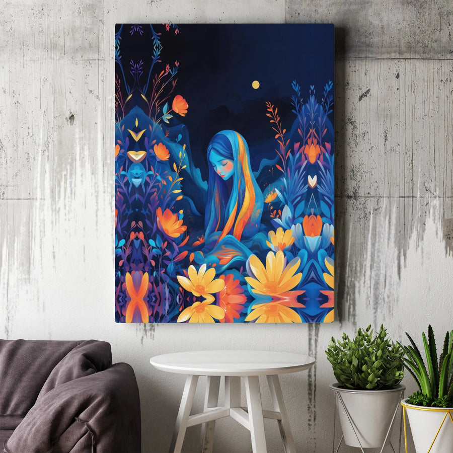 Ethereal Woman Canvas Wall Art | Glowing Midnight Floral Garden Design | Premium Fade-Resistant Print | Modern Home Decor Gift