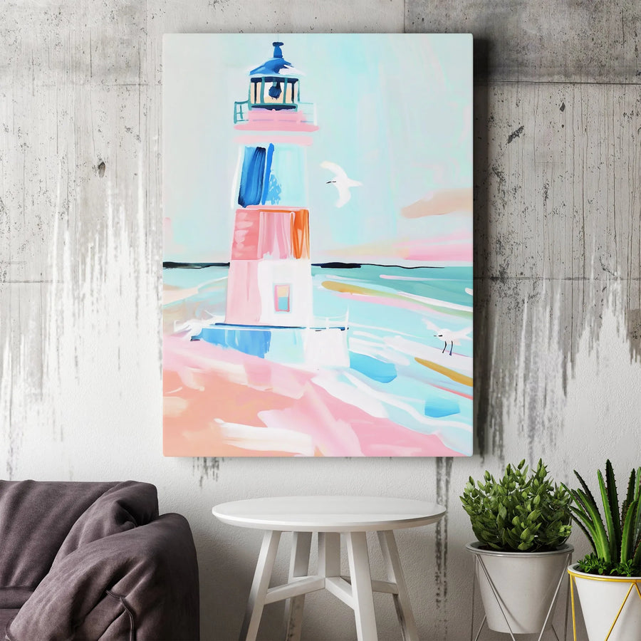 Abstract Lighthouse Canvas Wall Art | Pastel Coastal Beach Painting | Fade-Resistant Gallery Quality | Nautical Home Decor Gift