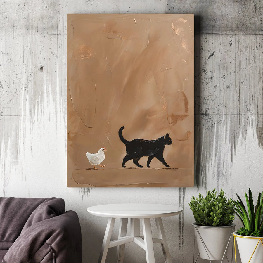 Black Cat and Chicken Vertical Canvas | Minimalist Textured Animal Art Print | Premium Gallery Wrapped Canvas | Modern Farmhouse Wall Decor Gift for Animal Lovers
