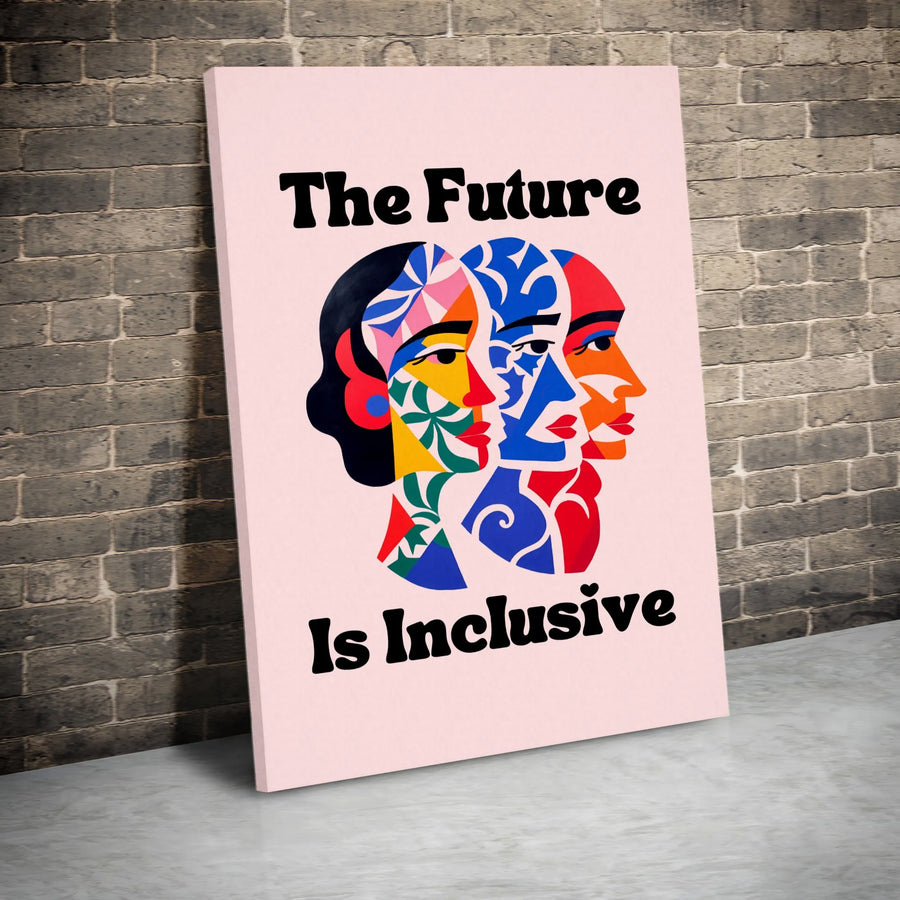 The Future Is Inclusive Vertical Canvas | Modern Abstract Faces Art Print | Premium 1.25" Thick Gallery Wrap | Feminist Social Justice Office Decor Gift