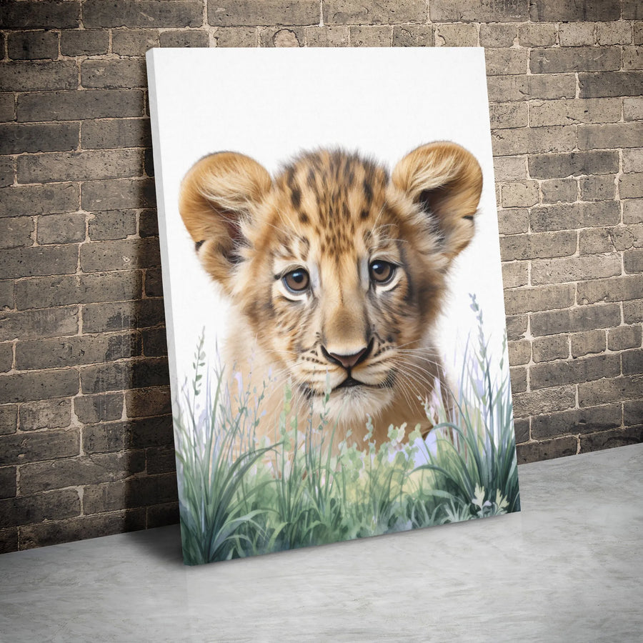 Baby Lion Cub Canvas Wall Art | Watercolor Safari Nursery Decor | Premium Gallery Wrap Print | Cute Wildlife Animal Portrait for Kids Room