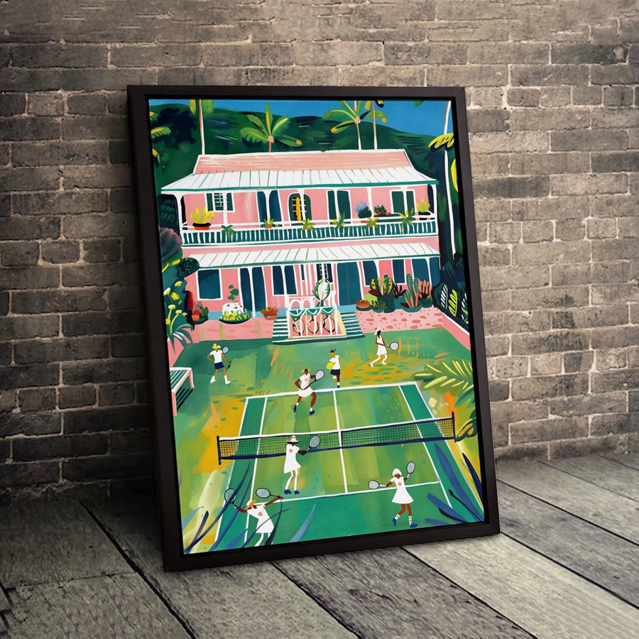 Tennis Court Wall Art | Tropical Pink Clubhouse Painting | Premium Gallery Wrap Canvas | Sports Decor Gift For Tennis Lovers
