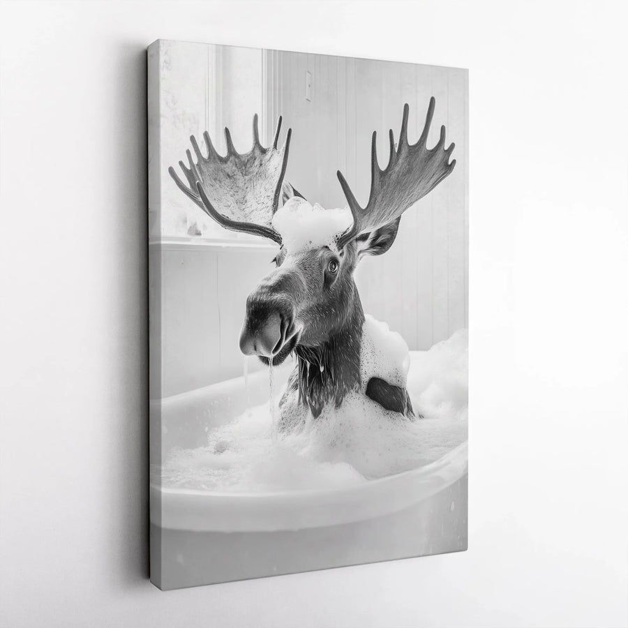 Moose in Bathtub Wall Art | Whimsical Animal Bathroom Decor | 1.25 Inch Premium Canvas | Funny Wildlife Home Gift