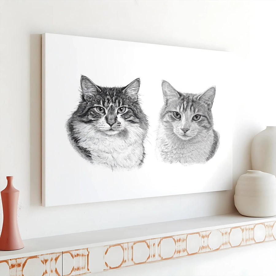Cat Portrait Canvas Print | Realistic Pencil Sketch of Two Cats | Premium Gallery Wrapped Art | Modern Farmhouse Decor Gift for Cat Lover