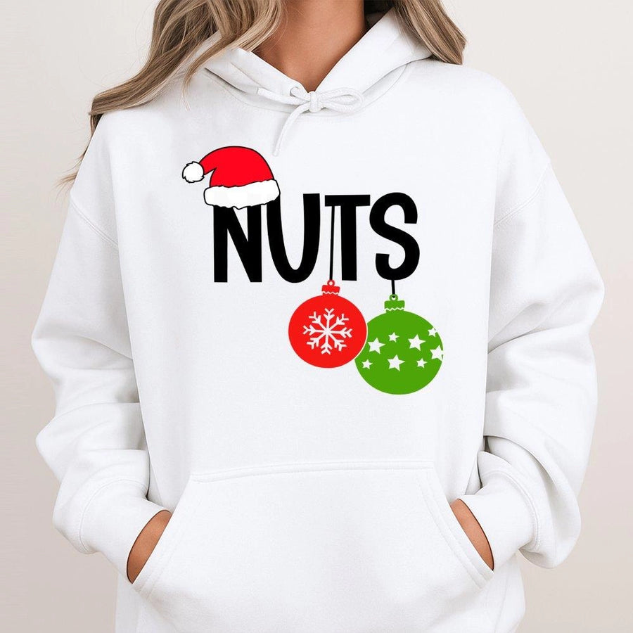 Nuts Christmas Hoodie | Funny Holiday Ornament Design | Premium Cotton Blend Pullover | Cute Xmas Couple Gift For Men And Women