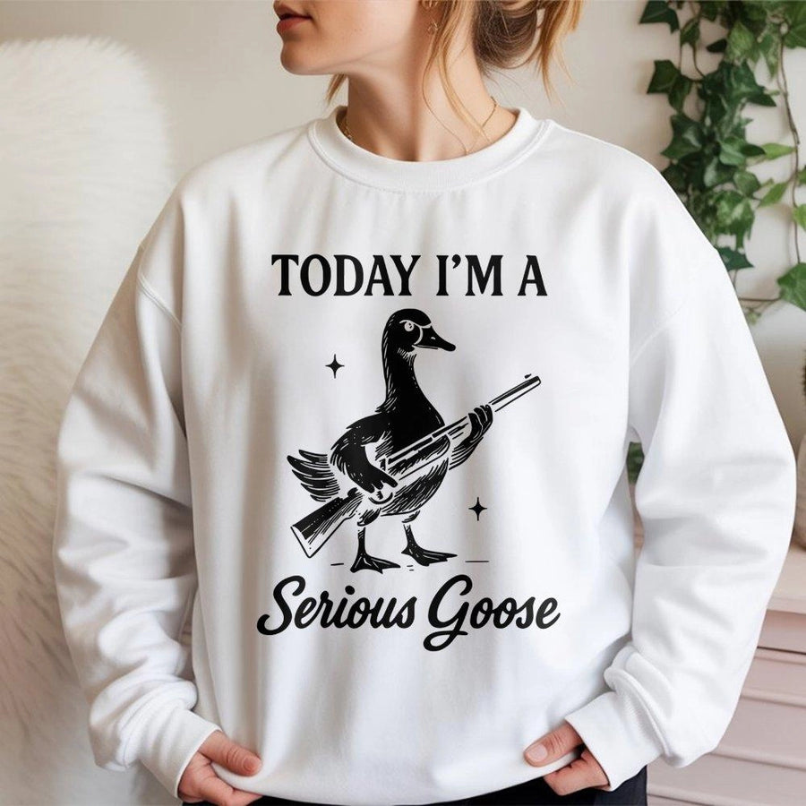 Serious Goose Graphic Sweatshirt | Funny Hunting Bird Meme Design | Premium Cotton Blend | Quirky Gift for Men and Women