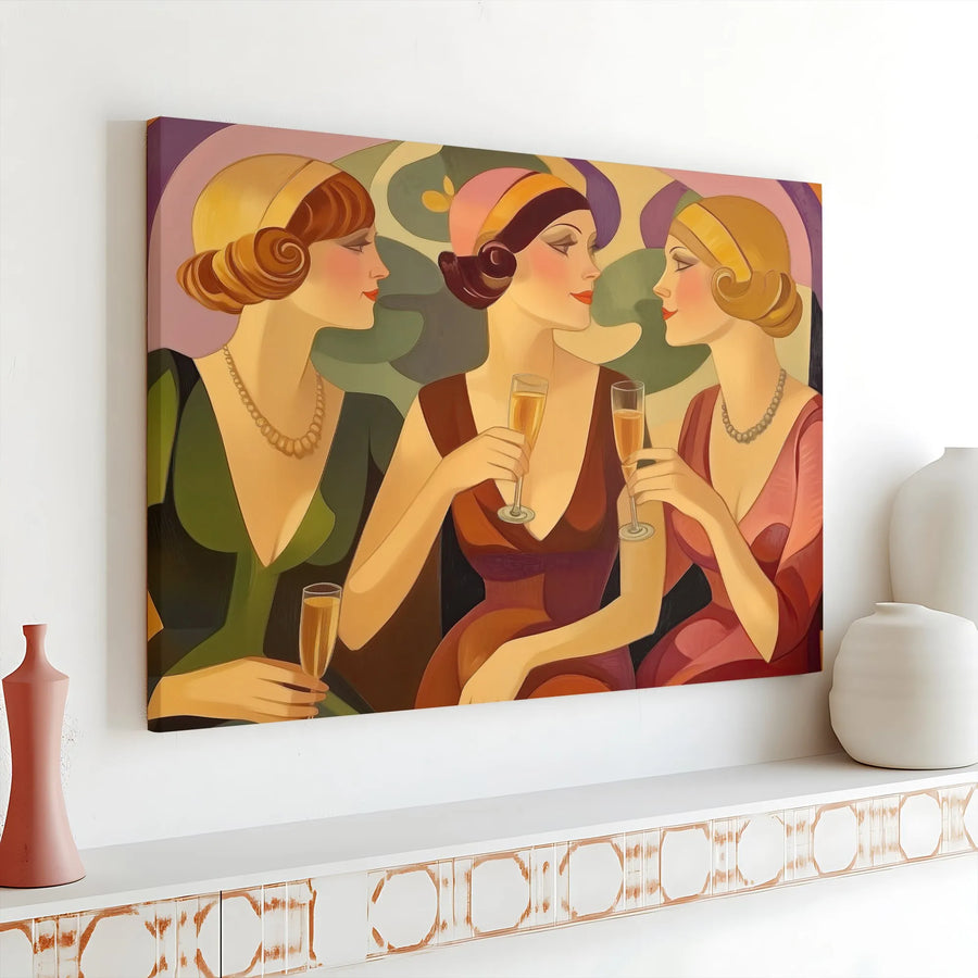 Art Deco Canvas Wall Art | 1920s Flapper Girls Champagne Print | Premium Fade-Resistant Print | Collector's Home Decor Gift