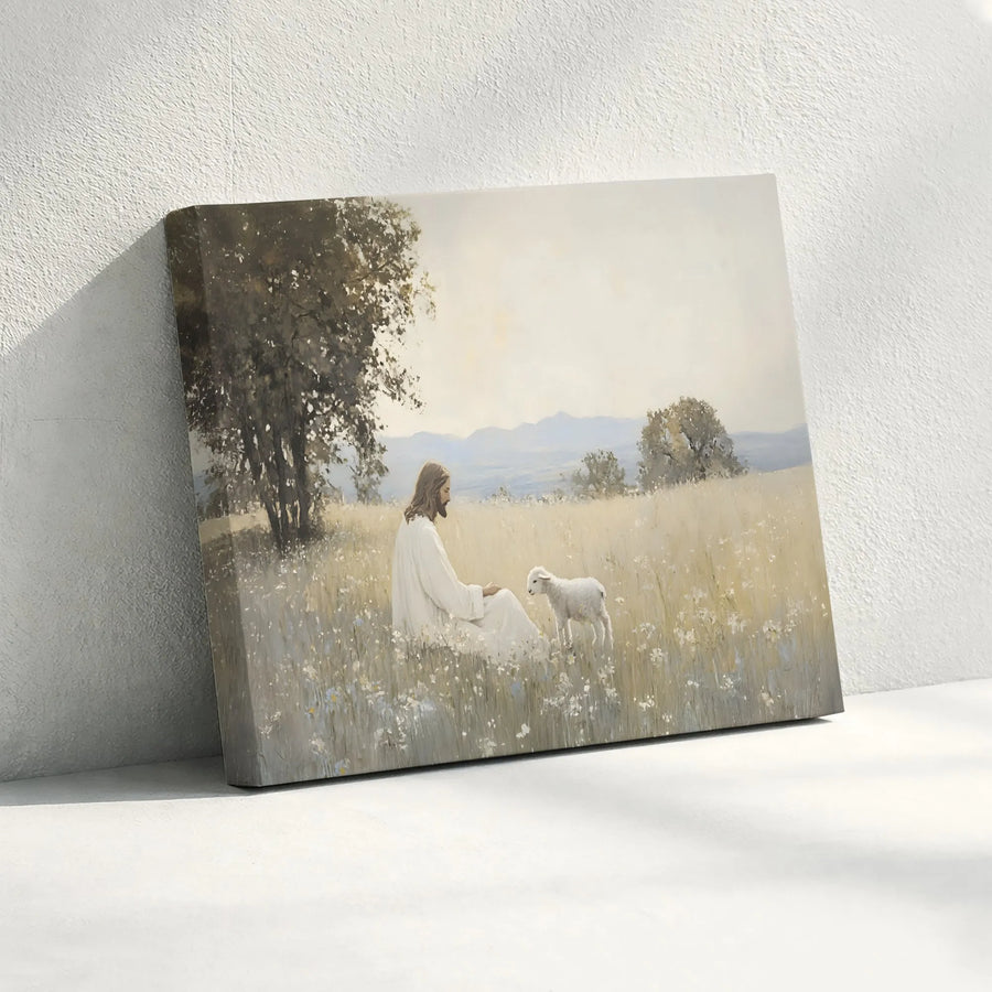 Jesus With Lamb Canvas Wall Art | Serene Christian Meadow Painting | Premium Gallery Wrap Print | Faithful Home Decor Gift for Believers