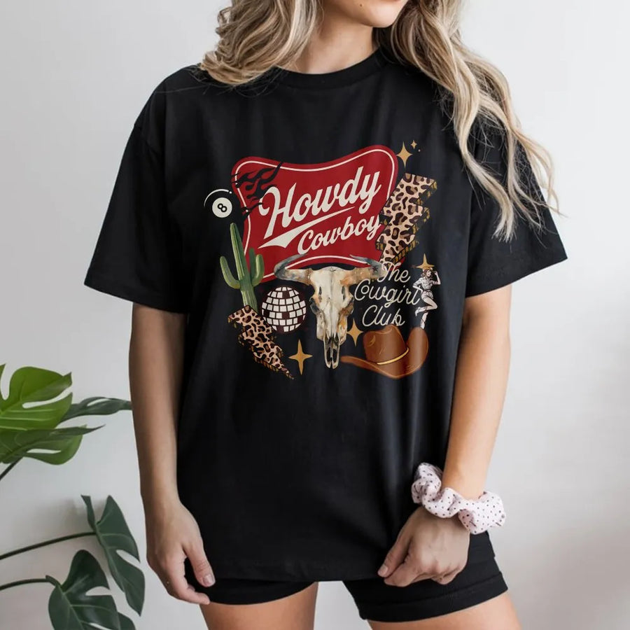 Howdy Cowgirl Club T-Shirt | Retro Western Graphic with Leopard Print | Soft Cotton-Blend Pullover | Boho Country Concert Gift for Women
