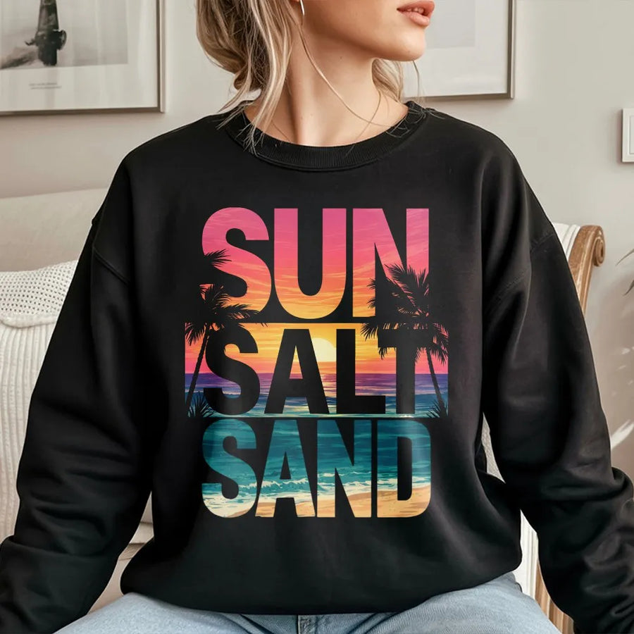 Sun Salt Sand Sweatshirt | Retro Sunset Beach Graphic Design | Soft Cotton Blend Crewneck | Trendy Summer Vacation Gift For Women And Men