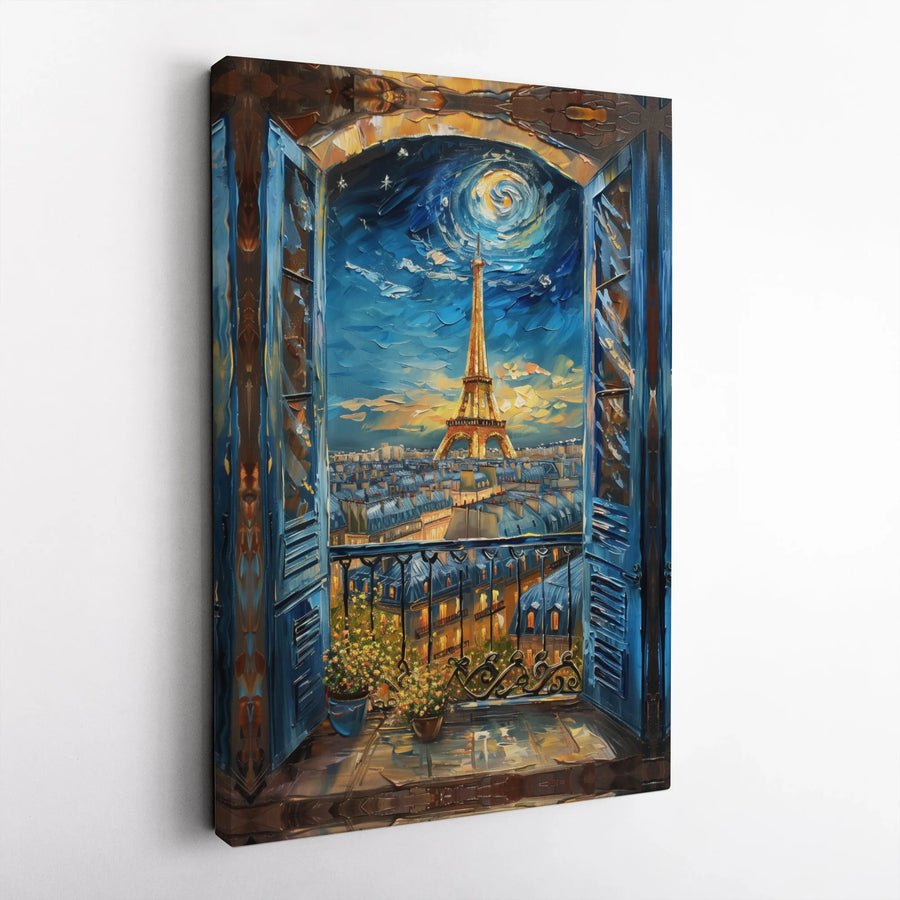 Paris Eiffel Tower Canvas Wall Art | Impressionist Night Window View | Premium Gallery Wrap Decor | Travel Gift for France Lovers