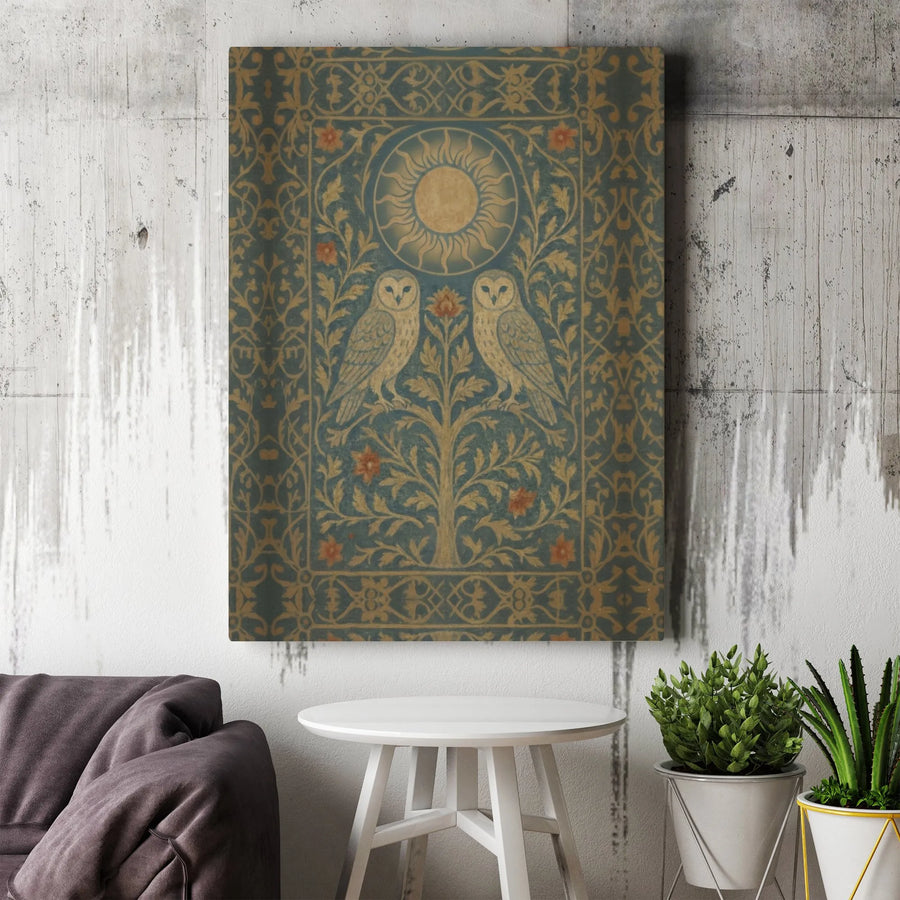 Owl Wall Art Canvas | Vintage Art Nouveau Celestial Sun Design | Premium Gallery Wrap 1.25 Inch | Whimsical Nature Home Decor Gift