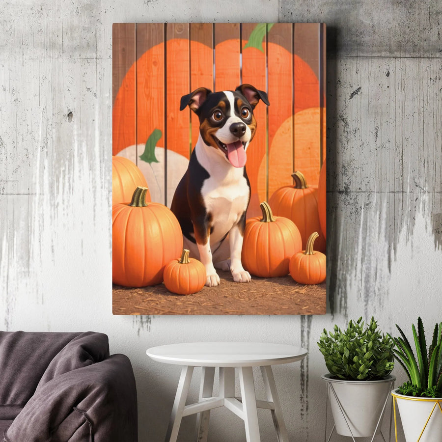 Cute Dog Pumpkin Patch Canvas Wall Art | Autumn Fall Harvest Decor | Premium Gallery Wrap Print | Whimsical Pet Lover Gift