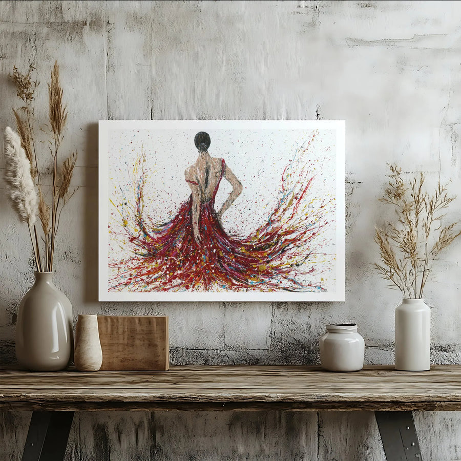 Flamenco Dancer Wall Art | Abstract Red Dress Paint Splatter Print | 1.25 Inch Gallery Wrap Canvas | Premium Home Decor Gift