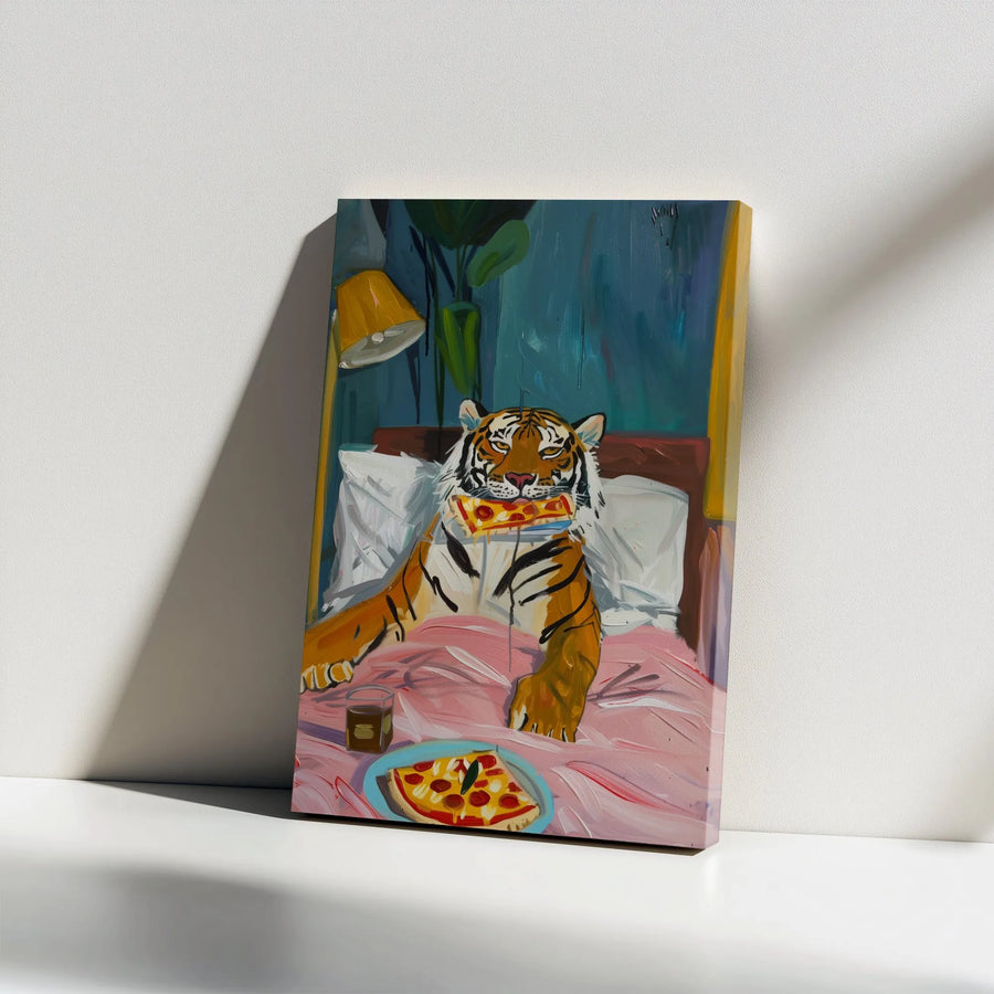 Tiger Eating Pizza Canvas Print | Funny Animal in Bed Wall Art | Premium Gallery Wrapped Canvas | Unique Modern Home Decor Gift for Foodie