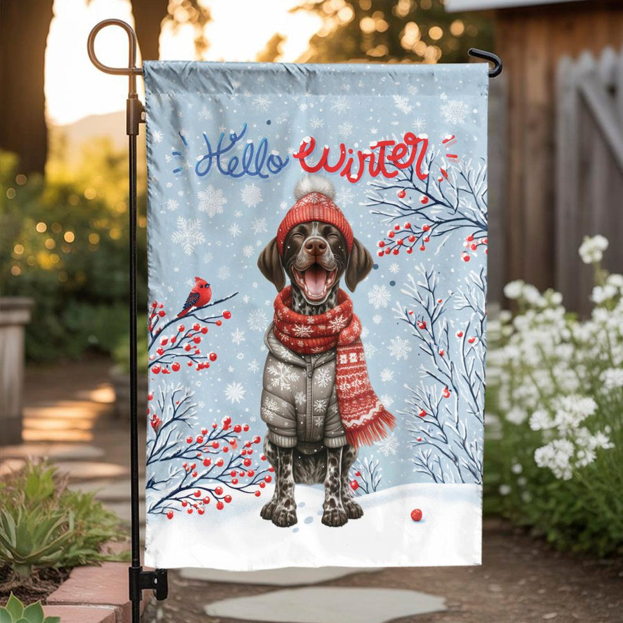 Winter Dog Garden Flag | Hello Winter Snowy Puppy Decor | Weather-Resistant Polyester | Seasonal Outdoor Yard Gift