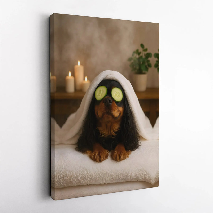 Cavalier King Charles Spaniel Canvas Wall Art | Funny Dog Spa Day Print with Cucumber Eyes | Premium Gallery Wrap Decor | Unique Gift for Dog Lovers
