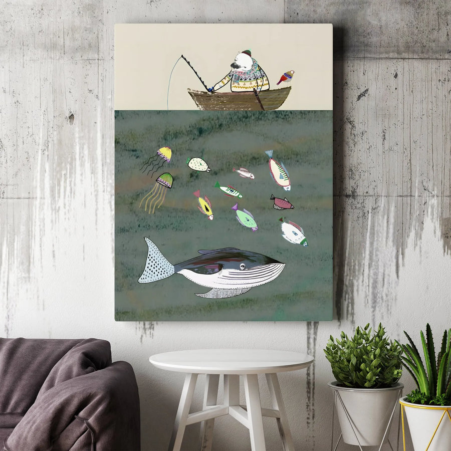 Whimsical Polar Bear Fishing Canvas | Underwater Whale & Fish Illustration | Premium Fade-Resistant Wall Art | Nursery & Home Decor Gift