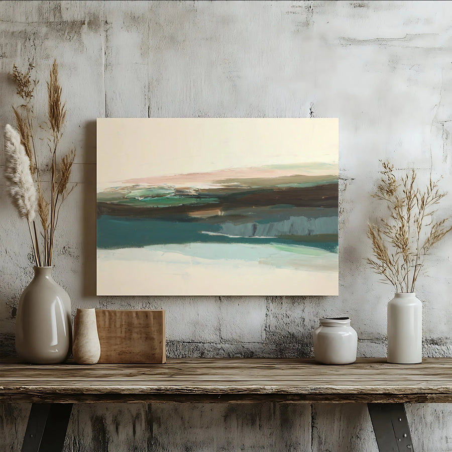 Abstract Landscape Horizontal Canvas | Modern Earthy Green and Teal Wall Art | Premium 1.25 Inch Frameless Gallery Wrap | Minimalist Nature Print Decor for Living Room Office
