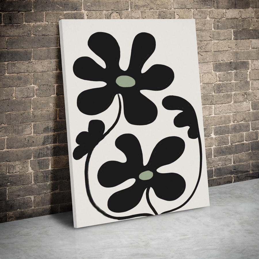 Minimalist Floral Canvas Wall Art | Black and Sage Green Groovy Flower Print | Premium Gallery Wrap Decor | Modern Aesthetic Home Gift