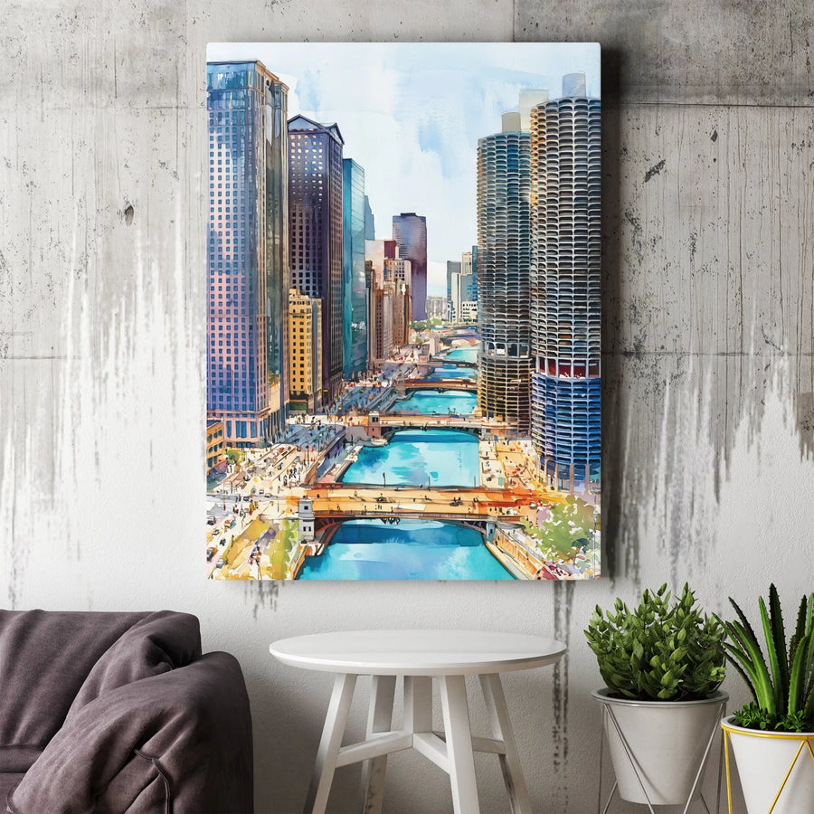 Chicago River Skyline Canvas Art | Watercolor Cityscape Architecture Print | Premium Gallery Wrapped Wall Decor | Gift for Illinois Travel Lovers