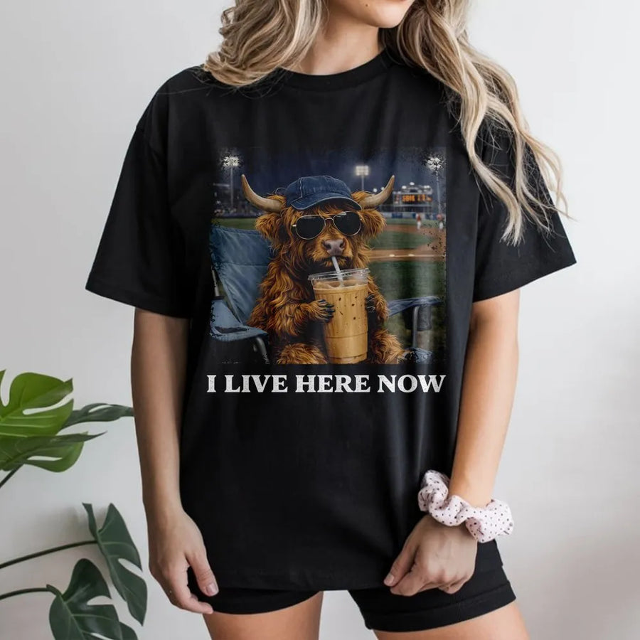 Highland Cow Baseball T-Shirt | Funny 'I Live Here Now' Graphic | Soft Cotton Blend | Gift for Baseball and Softball Moms