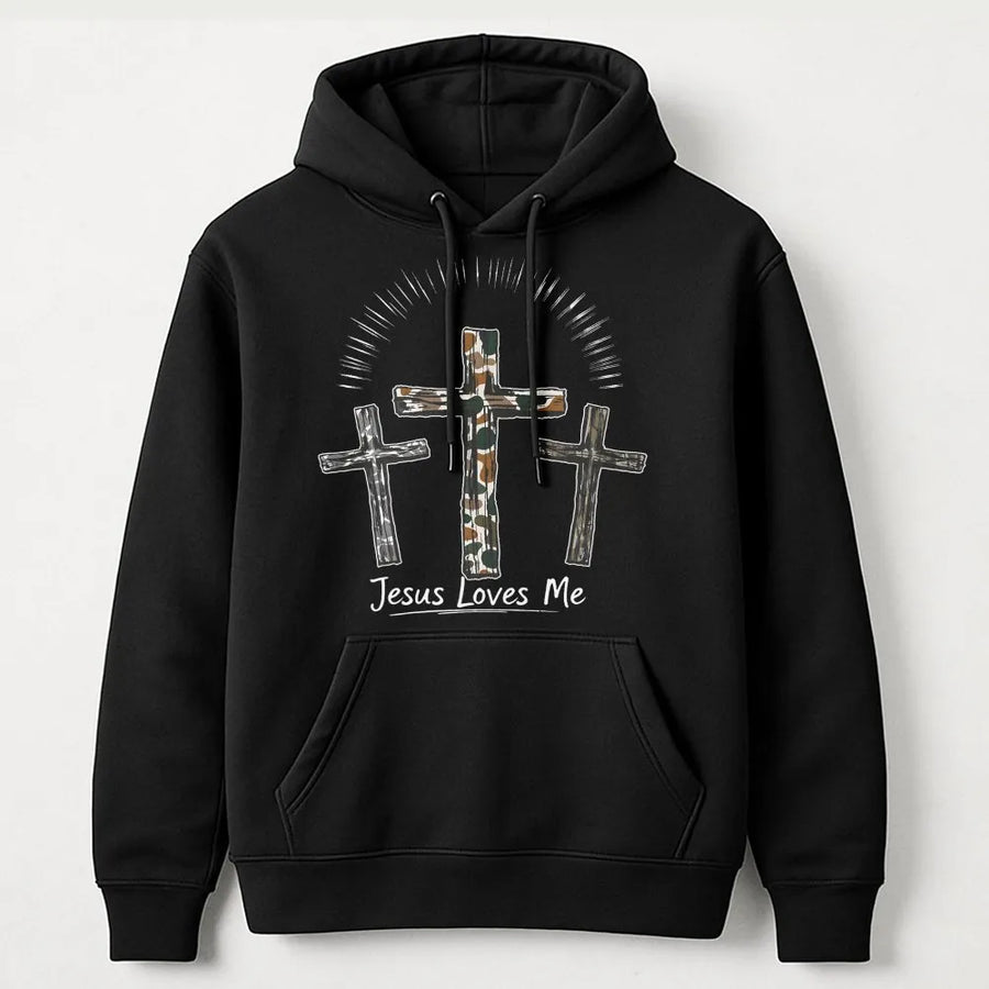 Jesus Loves Me Camo Cross Hoodie | Faith Inspired Religious Apparel | Premium Soft Cotton Blend | Christian Gift for Men and Women
