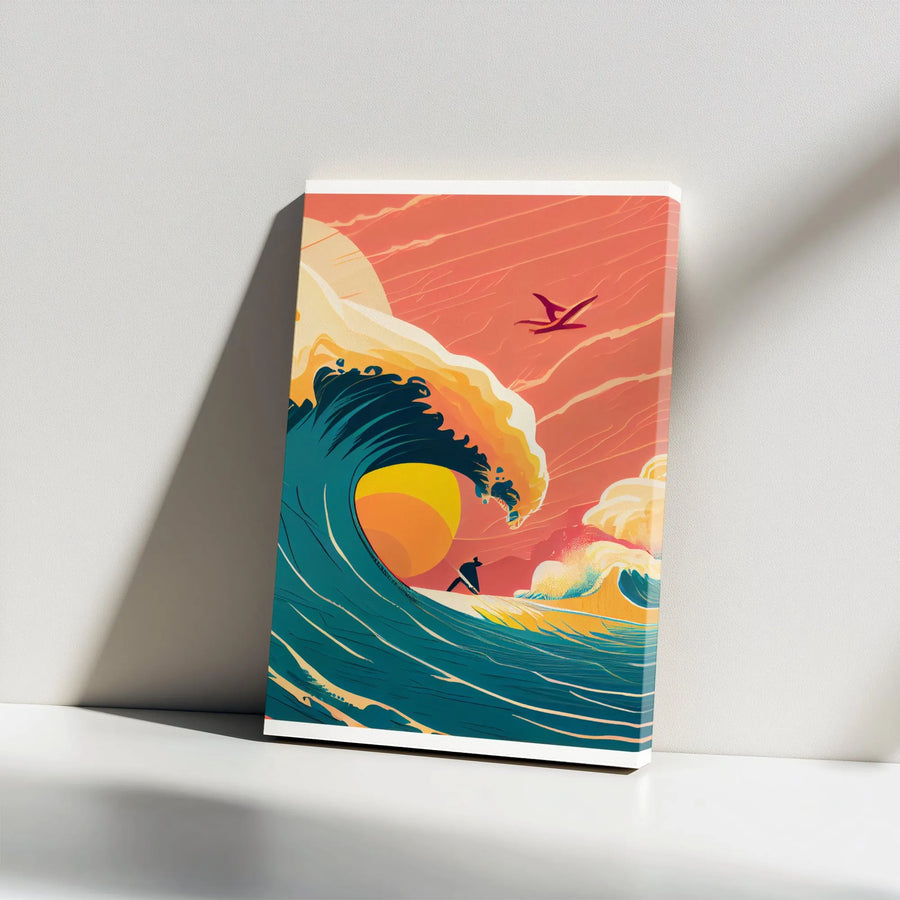 Surfing Wall Art Canvas | Retro Great Wave Pterodactyl Sunset Design | Premium 1.25 Inch Gallery Wrap | Modern Home Office Decor Gift