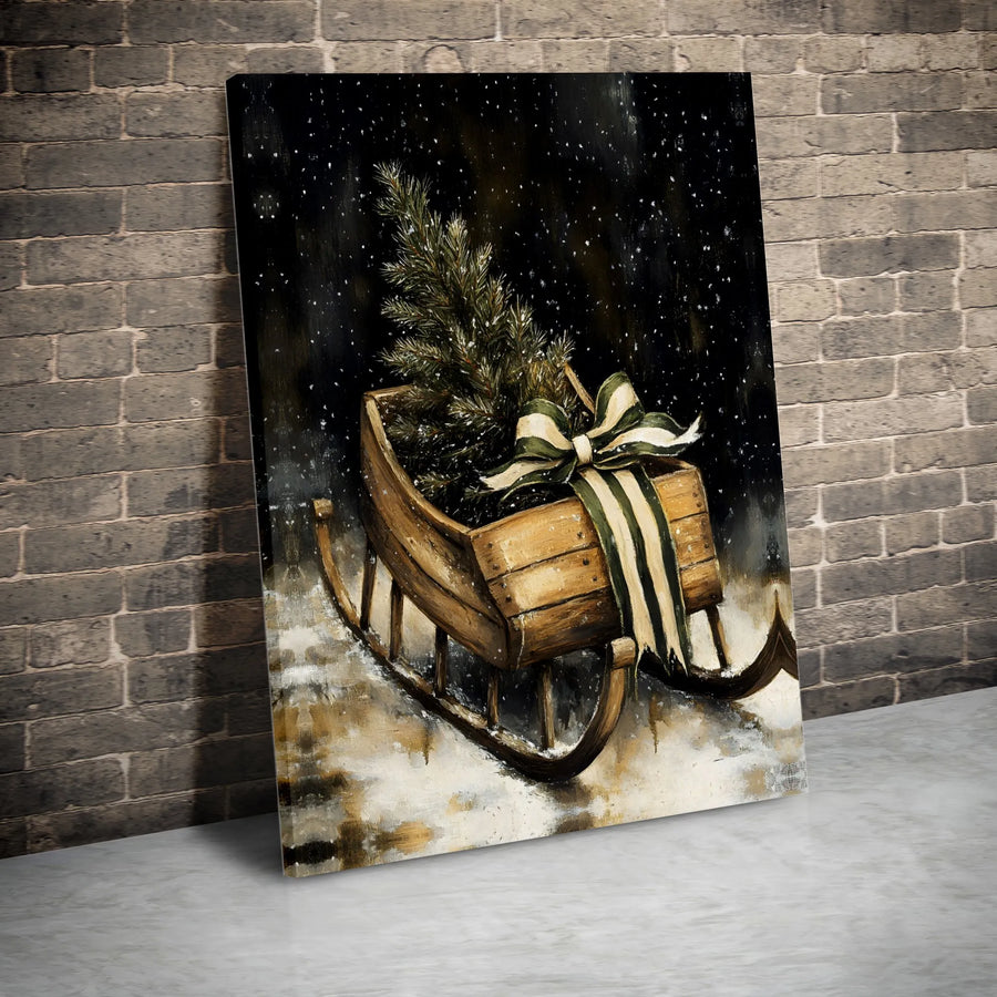 Rustic Christmas Sleigh Canvas Print | Vintage Wood Sled With Pine Tree Art | Premium Fade-Resistant Holiday Wall Decor | Festive Farmhouse Gift