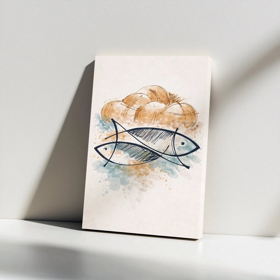 Loaves and Fishes Canvas Wall Art | Minimalist Watercolor Christian Art Print | Premium Thick Gallery Wrap Canvas | Faith Based Home Decor Gift