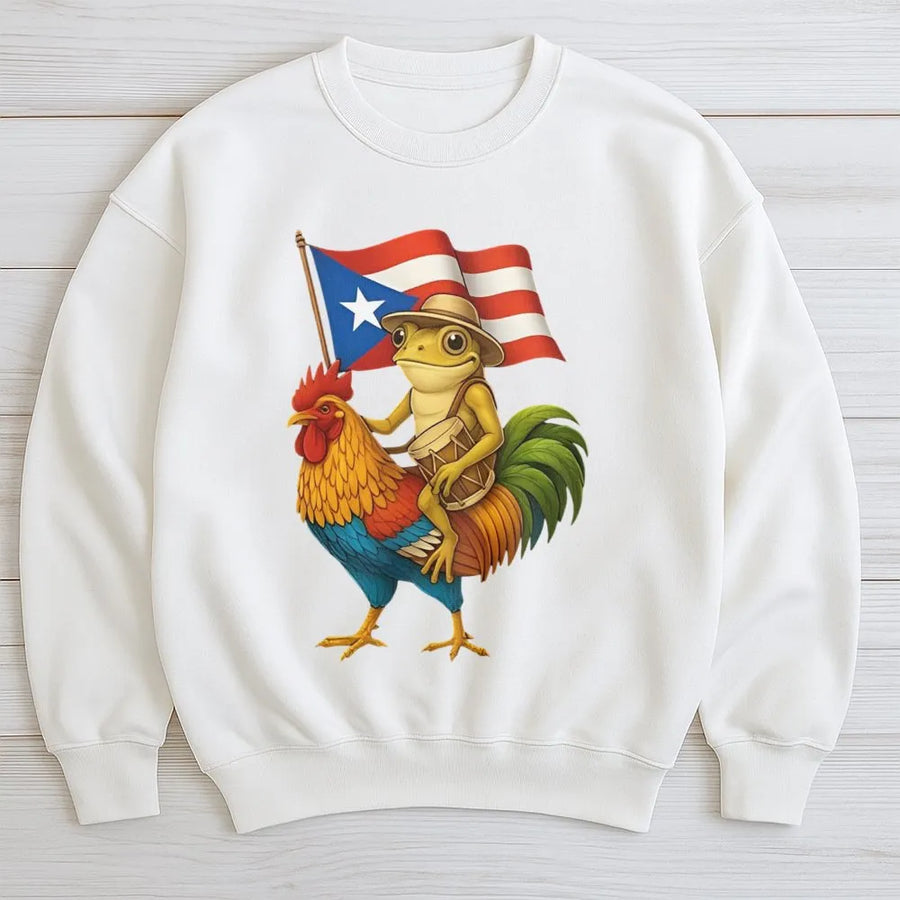 Puerto Rican Coqui Frog Sweatshirt | Boricua Heritage Rooster Design | Premium Cotton Blend Crewneck | Cultural Puerto Rico Pride Gift
