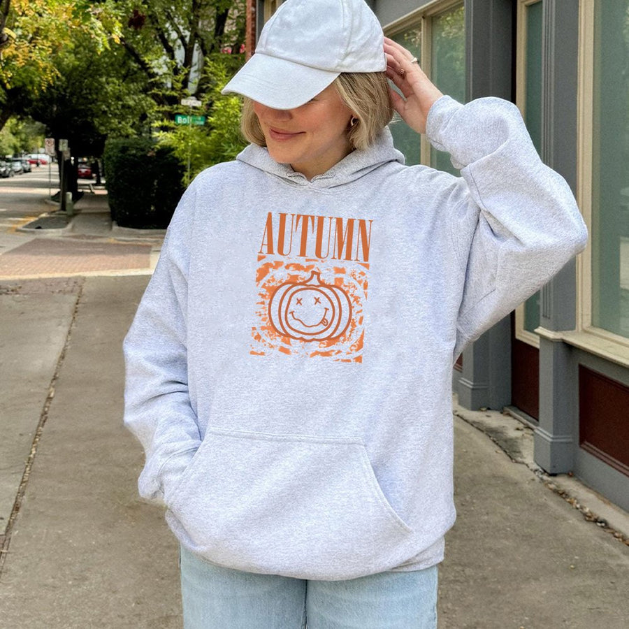 Autumn Pumpkin Hoodie | Grunge Smiley Face Graphic | Premium Cotton Blend | Unisex Fall Aesthetic Sweatshirt Gift