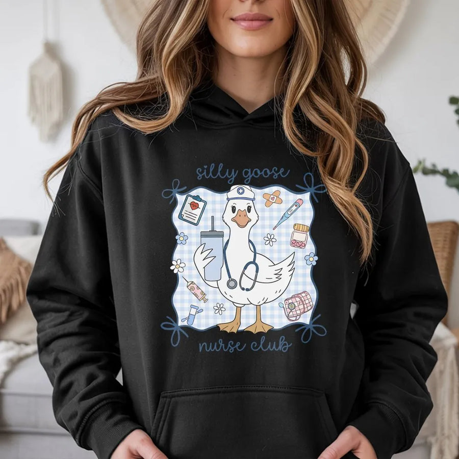Silly Goose Nurse Club Hoodie | Cute Duck Medical Graphic Sweatshirt | Cotton-Polyester Premium Blend | Funny Nursing Student RN Gift