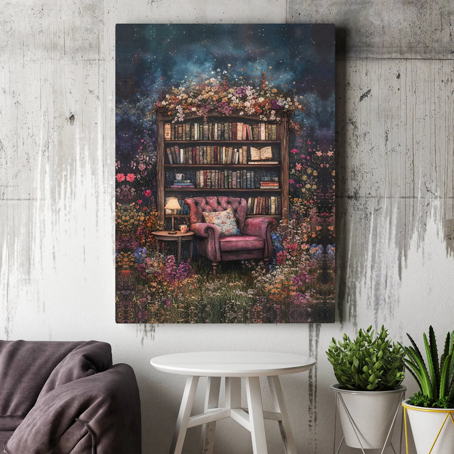 Floral Bookshelf Canvas Wall Art | Wildflower Garden Reading Nook | Premium Gallery Wrap Canvas | Collector's Gift for Book Lovers